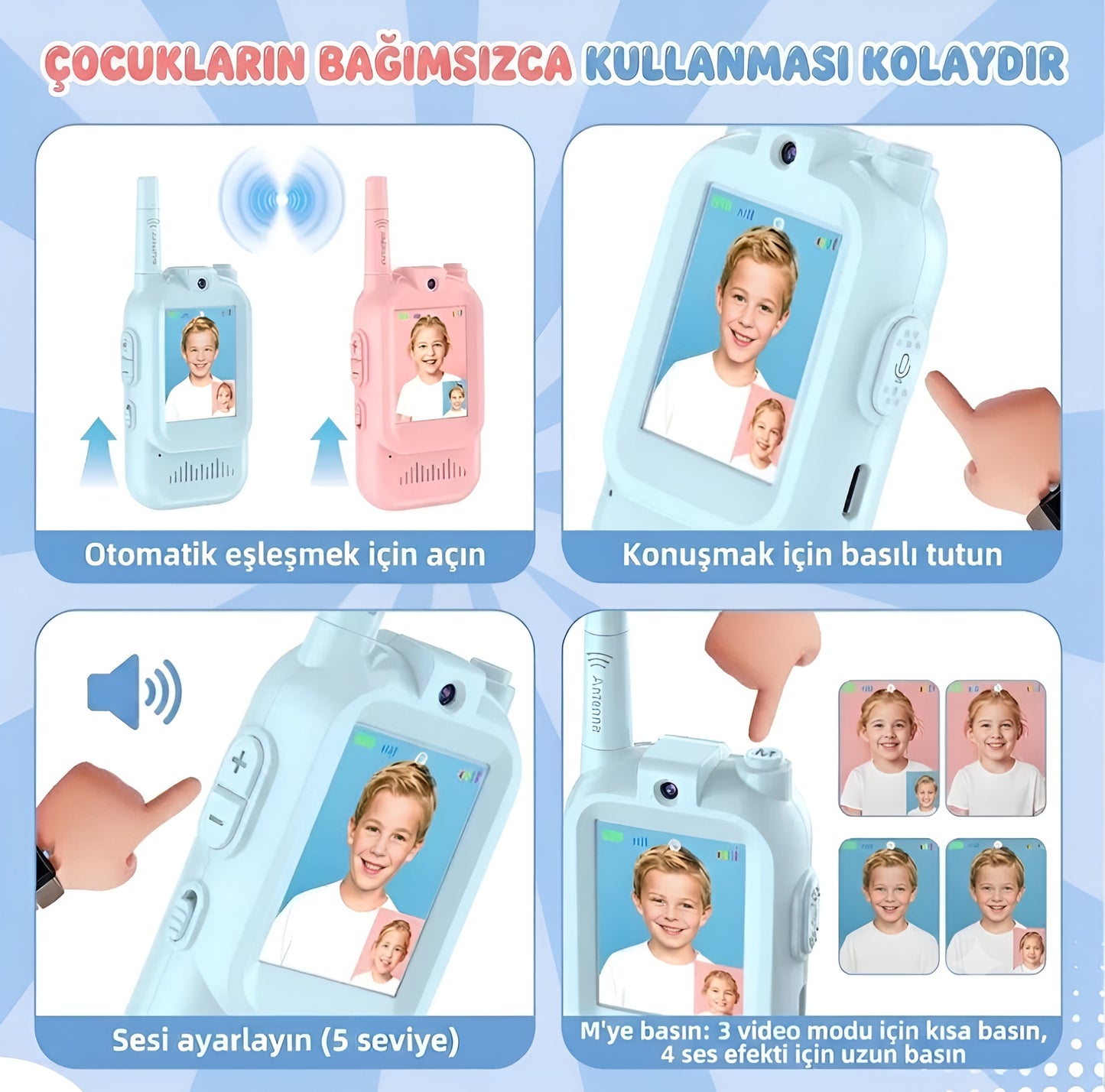 Görüntülü Çocuk Telsizi – Wi-Fi ve Bluetooth Gerektirmez! – 4 Ses Efektli (2'li Set)