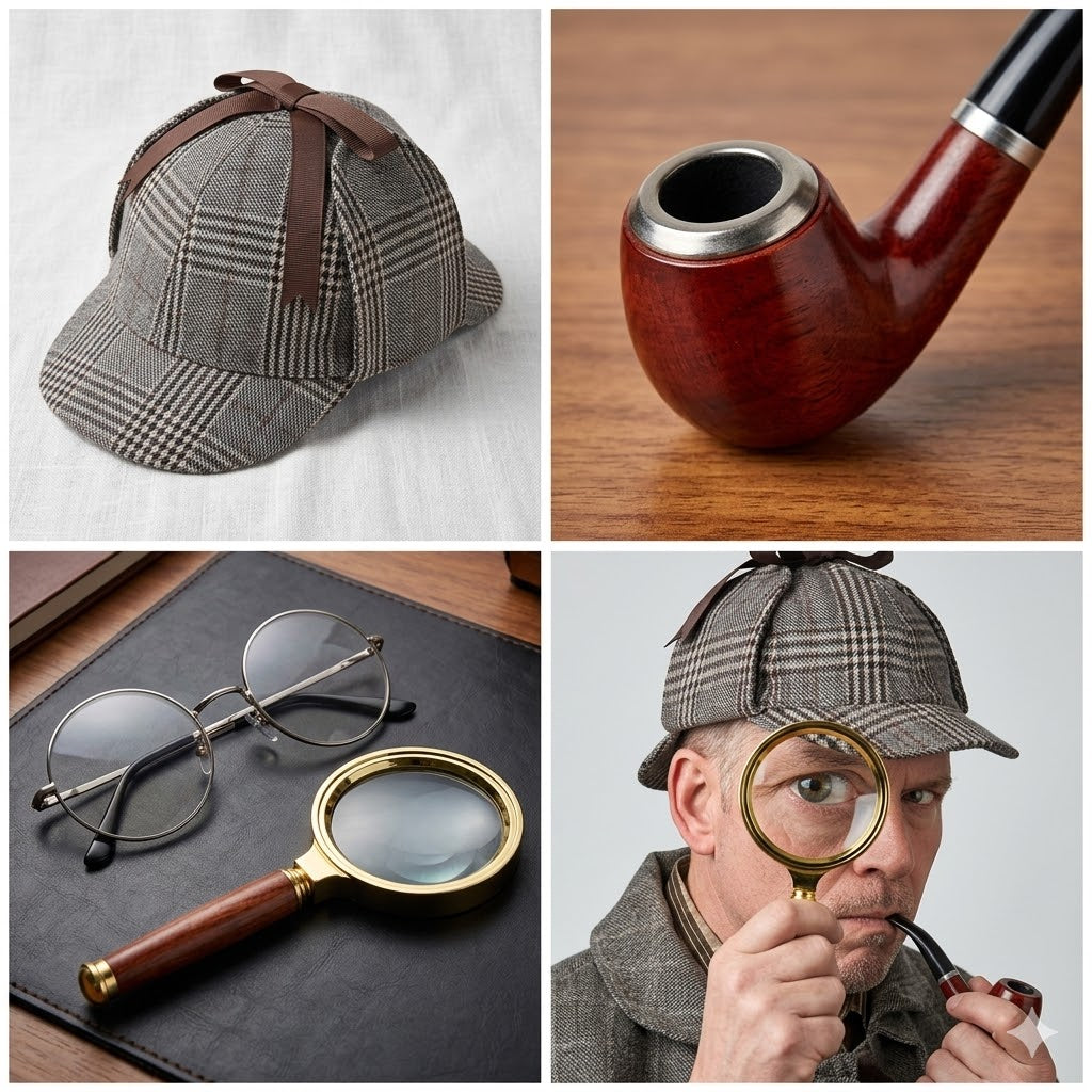 Holmes Dedektif Seti – Şapka, Pipo, Büyüteç Kostüm Aksesuar Seti