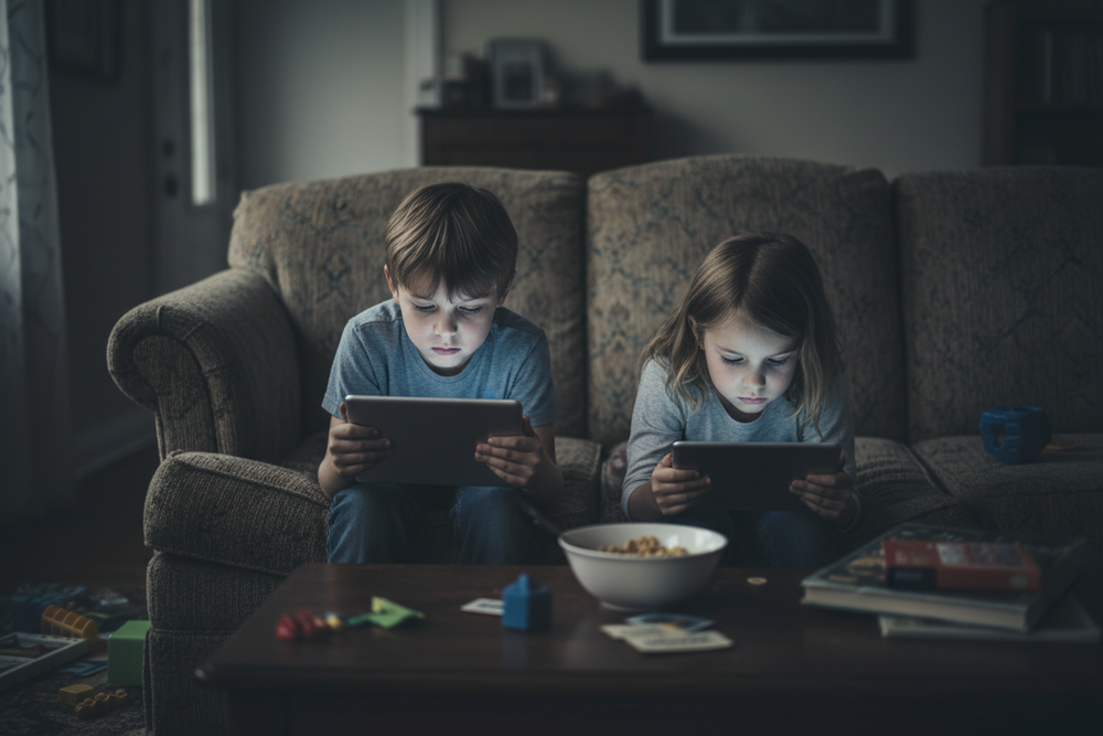 Before - Two sad children with tablets